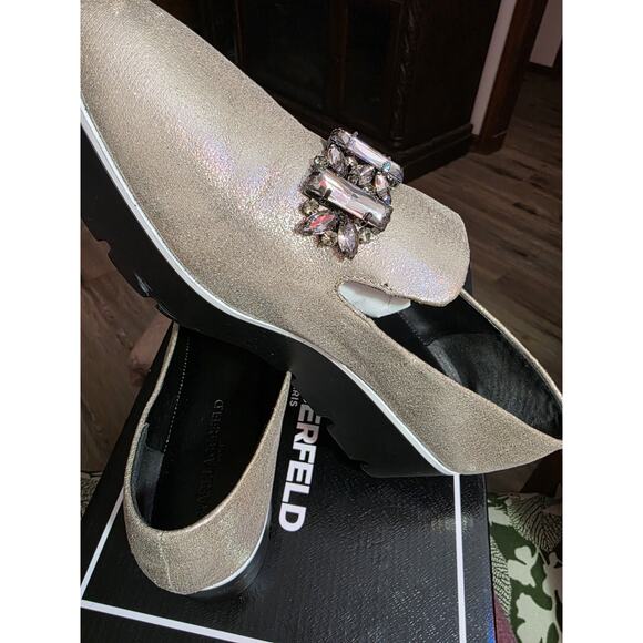 Karl Lagerfeld Paris Bri Loafer Flats Slip On Shoes Cream Rhinestone Womens 10 M - Picture 3 of 16